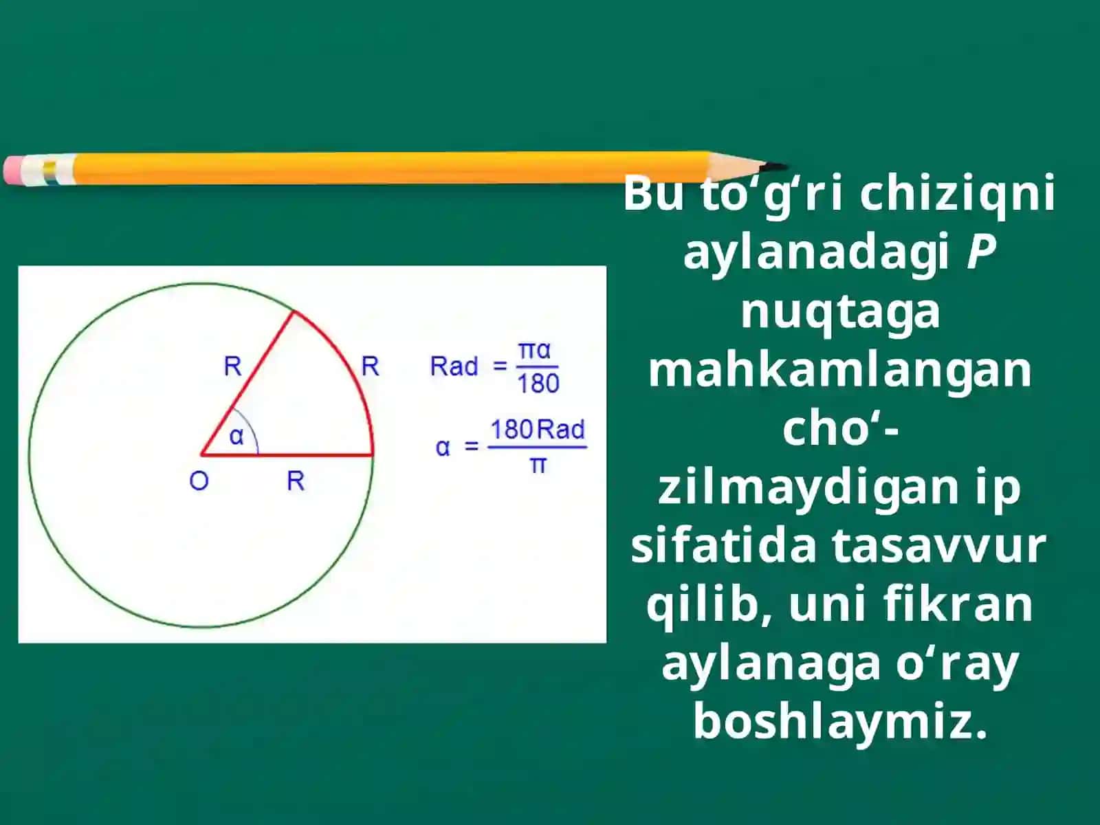 9-sinf algebra.Burchakning radian o'lchovi 4