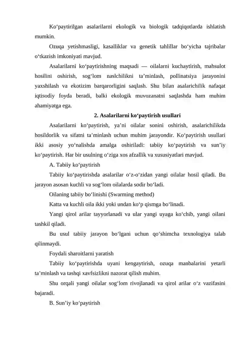 Asalarilarni ko'paytirish, parvarishlash va naslchilik ishlarini tashkil etishni o'rganish. 4