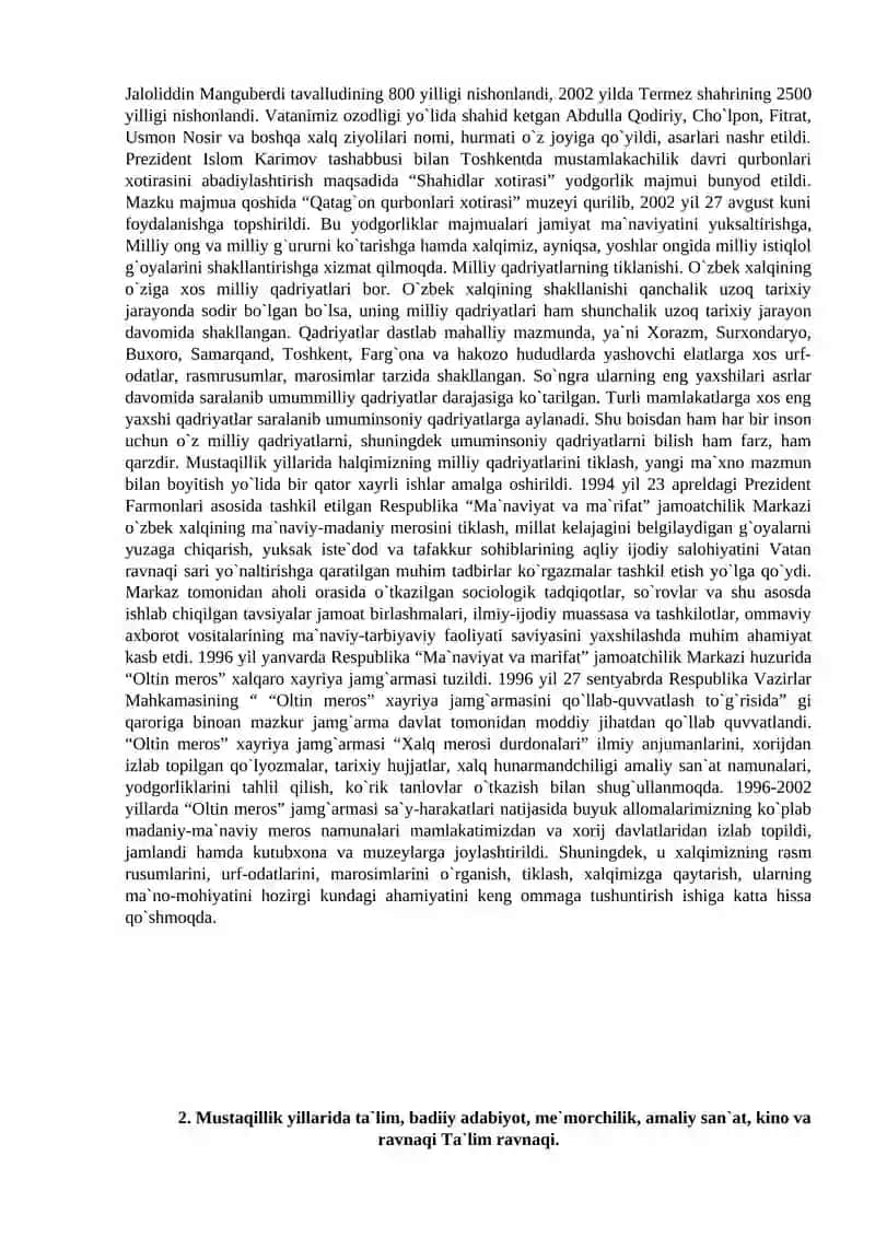 Mustaqillik yillarida ma`naviy me`ros, milliy va diniy qadriyatlarning tiklanishi va rivojlanishi 4