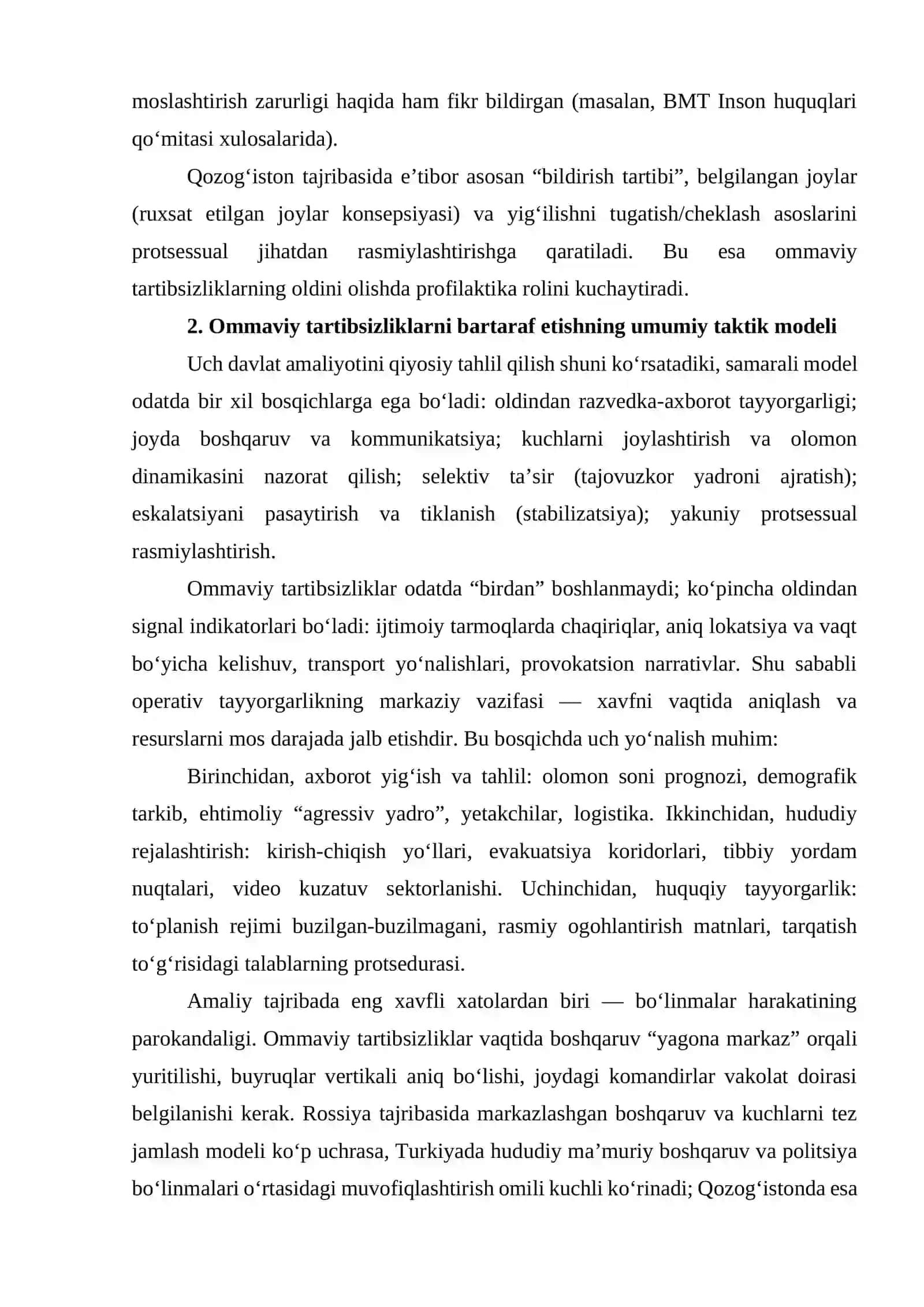 OMMAVIY TARTIBSIZLIKLARNI BARTARAF ETISHDA (ROSSIYA, TURKIYA VA QOZOG‘ISTON) TAKTIK USULLAR: HUQUQIY ASOS VA AMALIY YONDASHUVLAR 4