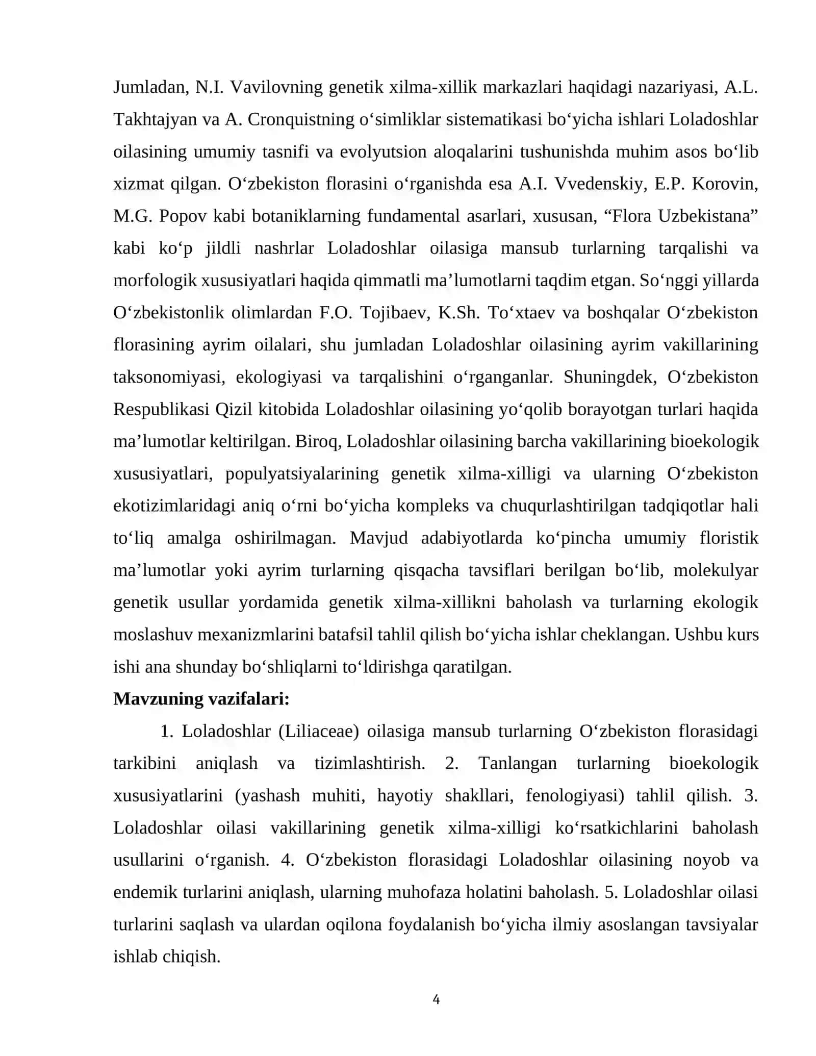 LOLADOSHLAR (LILIACEAE) OILASINING BIOEKOLOGIK XUSUSIYATLARI, GENETIK XILMA-XILLIGI VA O‘ZBEKISTON FLORASIDAGI O‘RNI 4