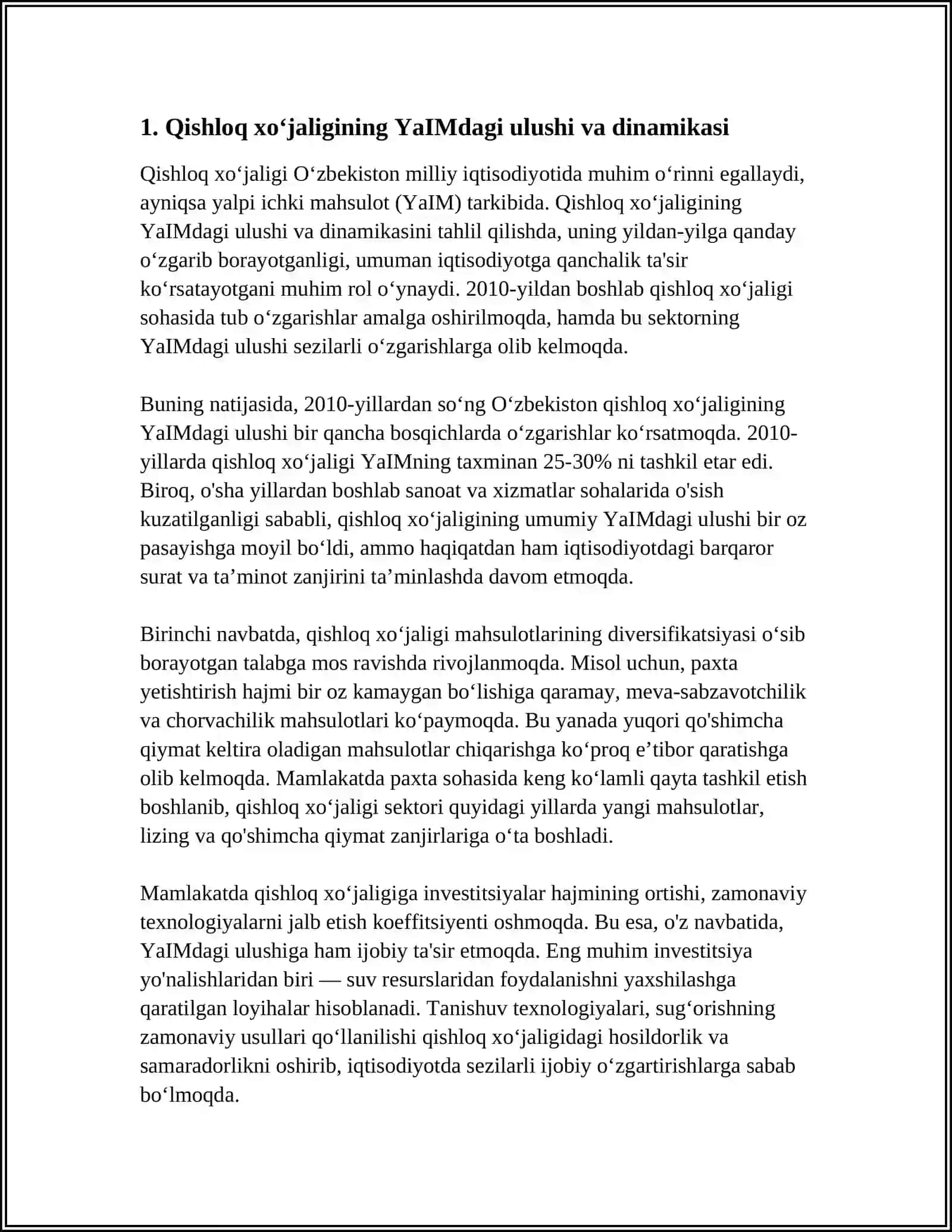 QISHLOQ XOʻJALIGINING RESPUBLIKA MILLIY IQTISODIYOTIDA TUTGAN OʻRNI 4