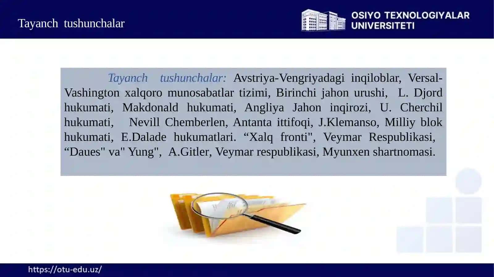 Birinchi Jahon urushidan keyingi xalqaro munosabatlar. Sovet davlati. Angliya, Fransiya, Germaniya mamlakatlari ikki jahon urushi oralig'ida. AQSH va Lotin Amerika mamlakatlari 1918-1939 yillarda 4