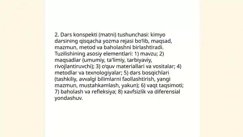 Mavzuviy taqvimiy reja. Kimyo darsining konspekti (matni)ni tuzish metodikasi 4