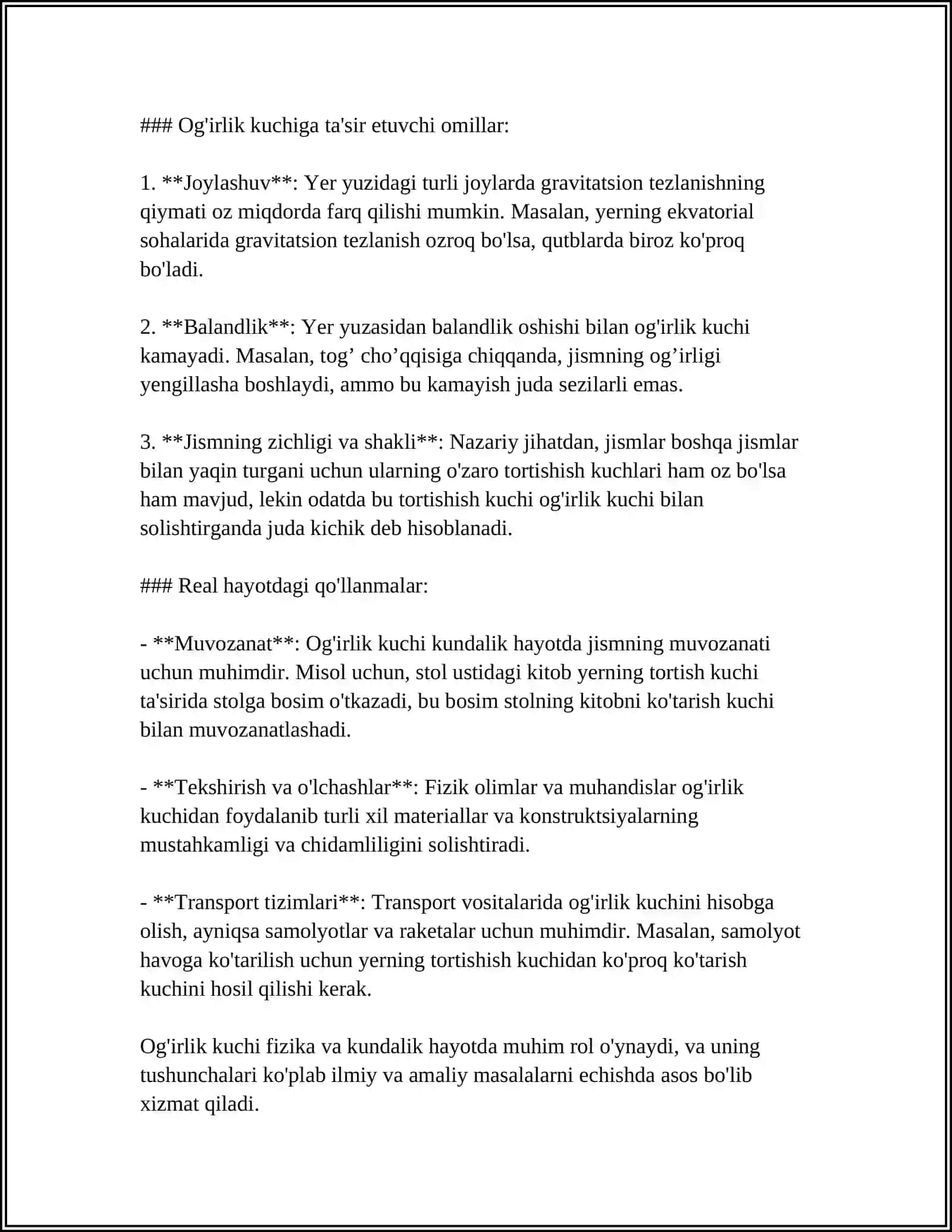 OG'IRLIK KUCHI VA JISMLARNING VAZNI. VAZINSIZLIK 4