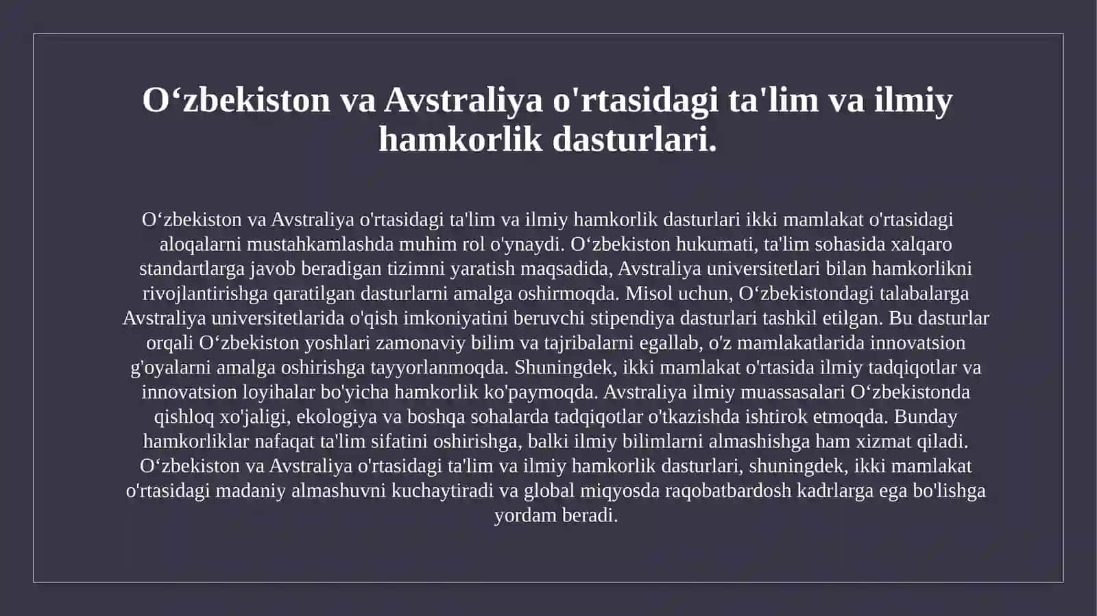 Oʻzbekiston va Vetnam  Oʻzbekiston va Avstraliyaning bir biri bilan boʻlgan barcha aloqalari shartnomalari 4