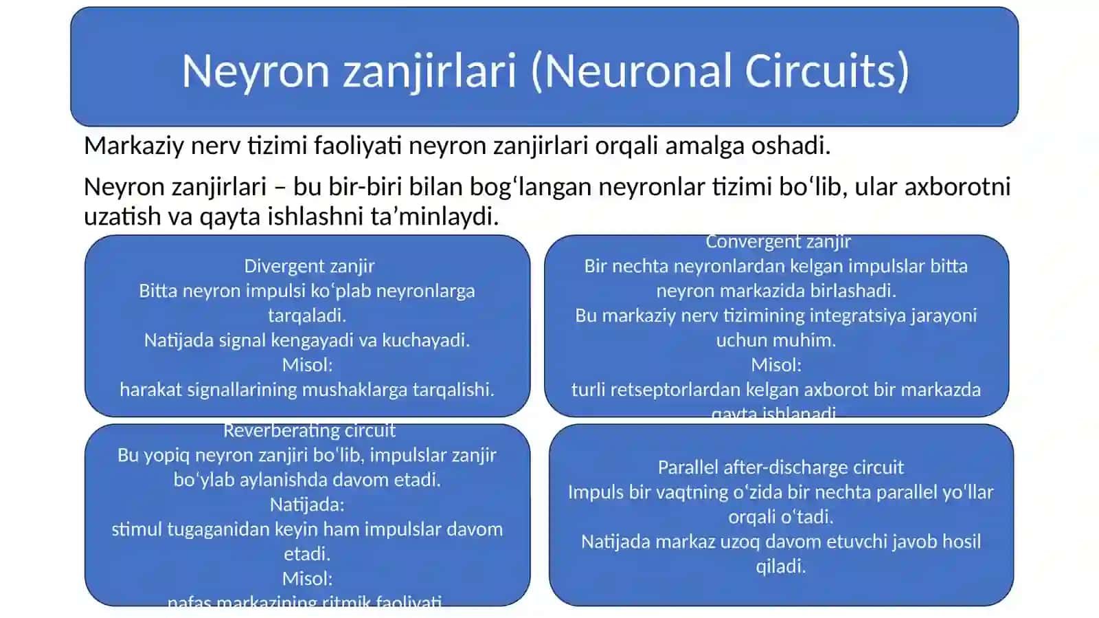 Asab markazlari. Asab markazlarining xossalari. Markaziy nerv tizimining reflektor tamoyili 4