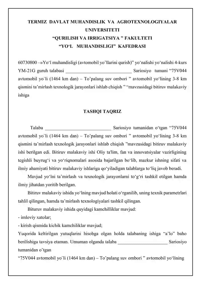 75V044“ M41 Avtomobil yo’lini (1464 km.dan )To’palang suv ombori ” avtomobil yo‘lining 3-8 km qismini ta'mirlash texnologik jarayoni  ishlab chiqish 4