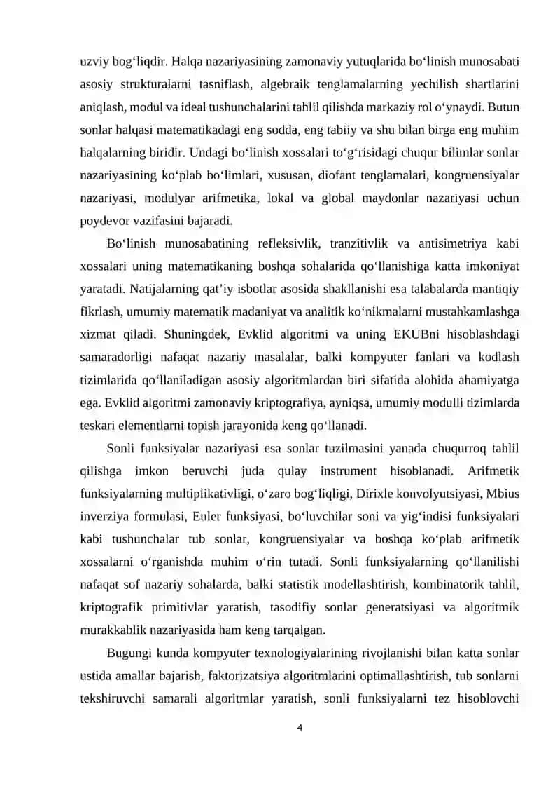 Tub va murakkab sonlar. Butun sonlar  halqasida bo’linish munosabati va uning xossalari. 4