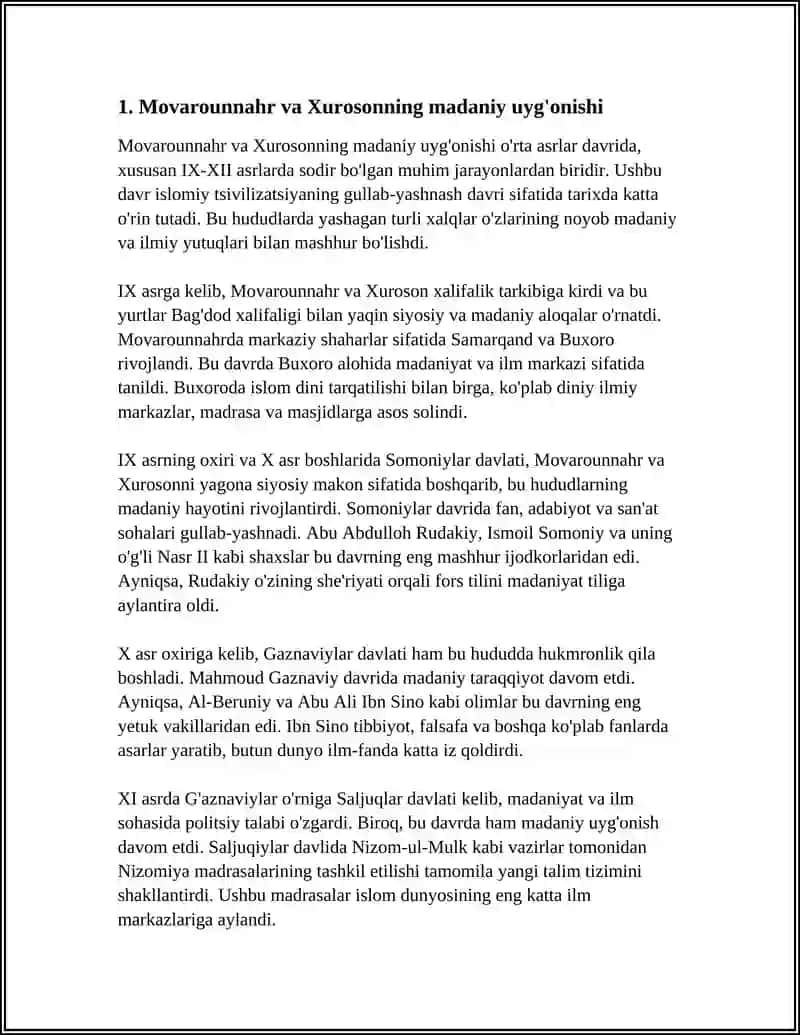 IX-XII ASRLARDA MAMLAKATIMIZ HUDUDIDA ROʻY BERGAN MADANIY UYGʻONISH.BUYUK ALLOMALARNING JAHON SIVILIZATSIYASIGA QOʻSHGAN HISSASI. 4