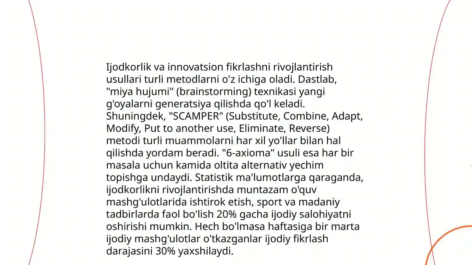 Ijodiy va tadqiqotchilik faoliyatini shakillantirishga doir topshiriqlar va mashg'ulot ishlanmalari layihalashtirish 4