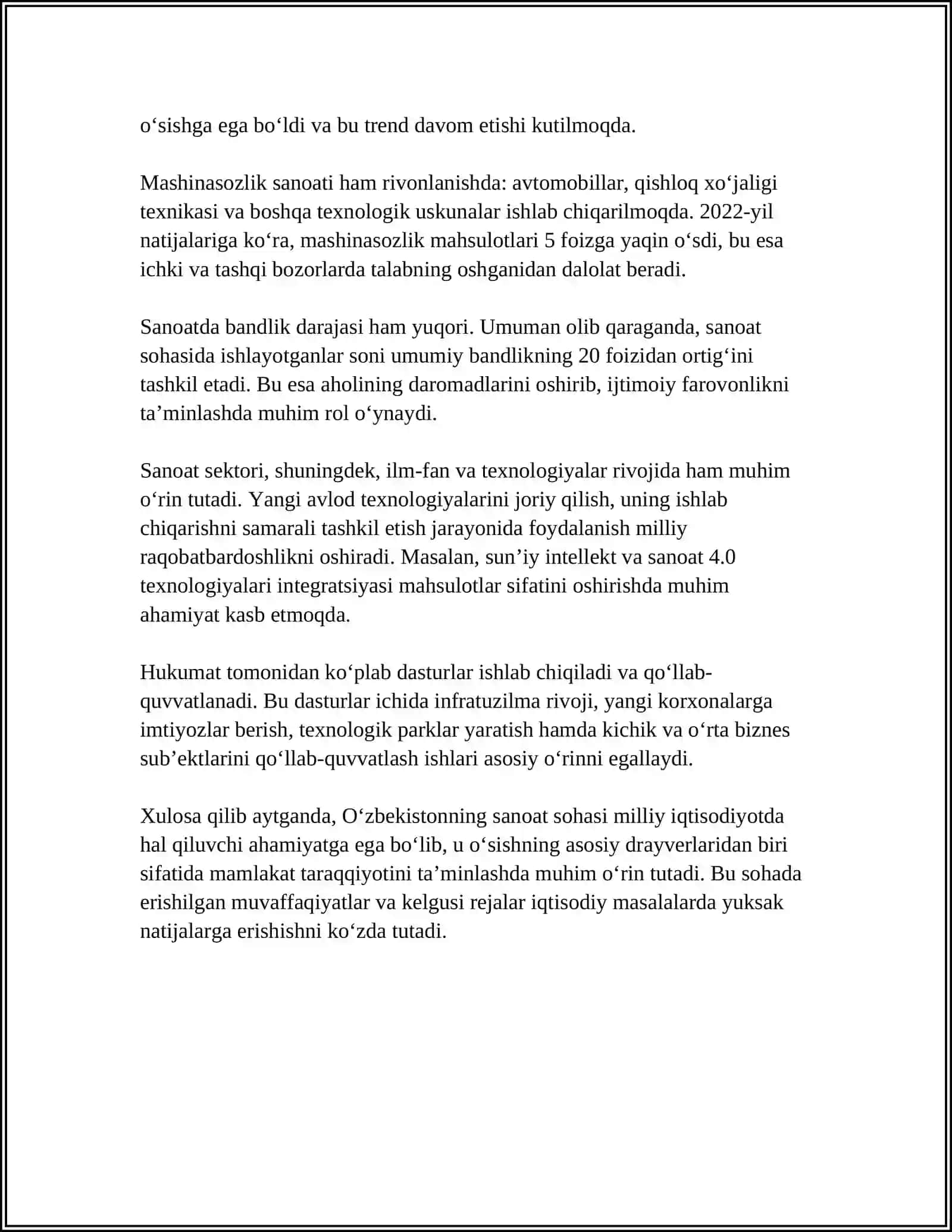 SANOAT VA UNING MILLIY IQTISODIYOT RIVOJIDAGI ROʻLI VA OʻRNI 4