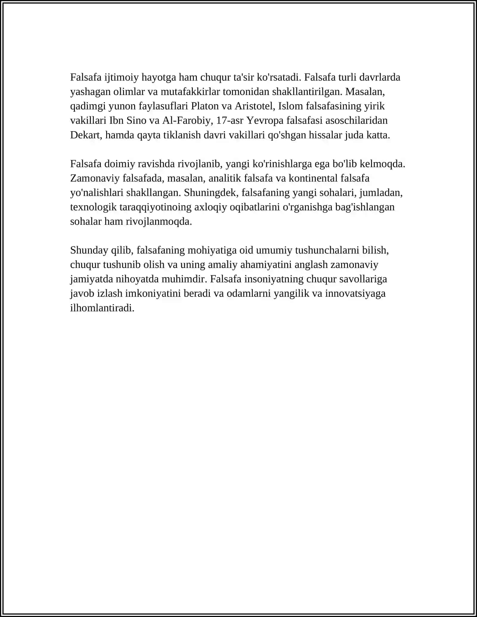 FALSAFA MOHIYATIGA OID SHARQ VA G'ARB MUTAFAKKIRLARI TA'RIFLARINI TUPLASH VA ULAR HAQIDA PIZWNTATSIYA TAYORLASH 4