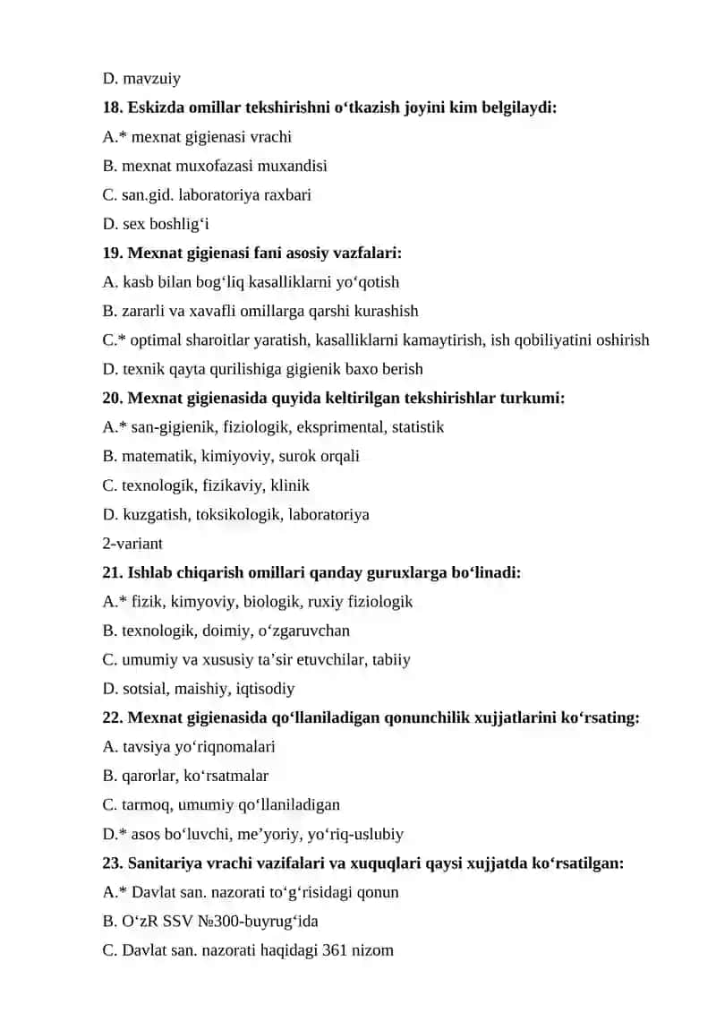 Mehnat gigienasi fanidan test savollari, javoblari bilan 4