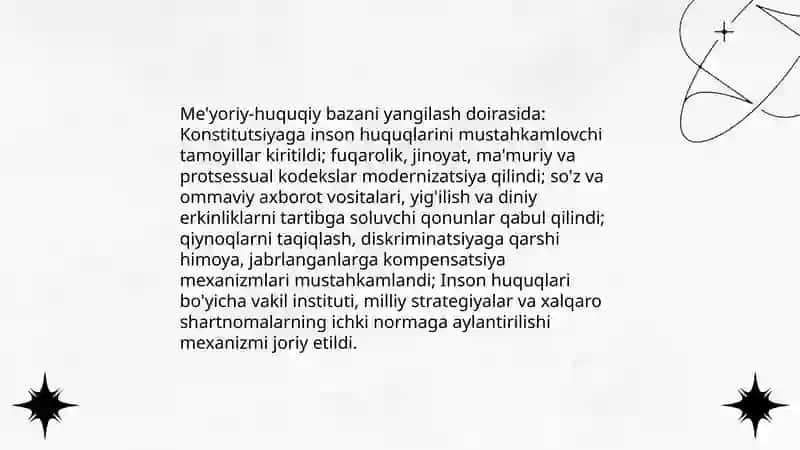 Yangi O'zbekistonda inson haq - huquqlari va erkinliklari kafolatining yaratilishi 4