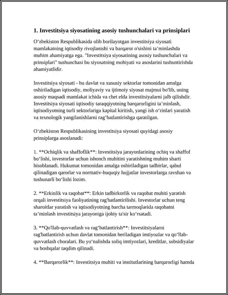 O‘ZBEKISTON RESPUBLIKASI OLIB BORILAYOTGAN INVESTITSIYA SIYOSATINING MAZMUNI VA MOHIYATI 4
