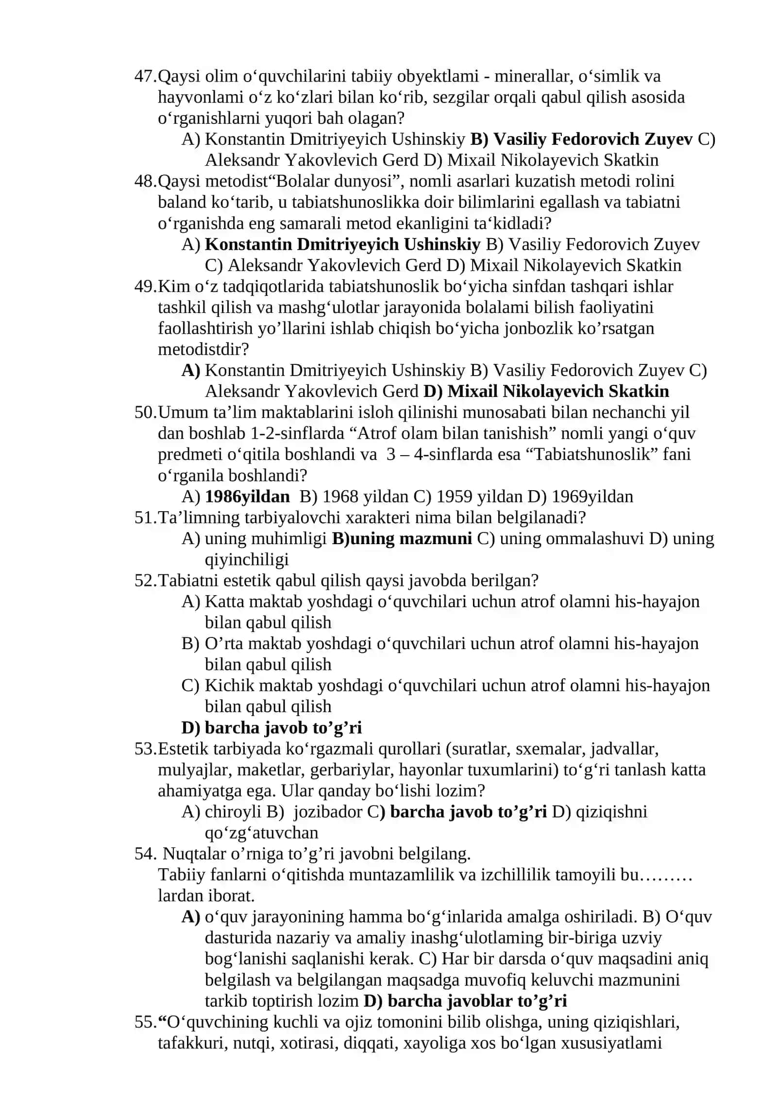 Tabiiy fanlarni o’qitish nazariyasi va metodikasi fanidan test savollari 4