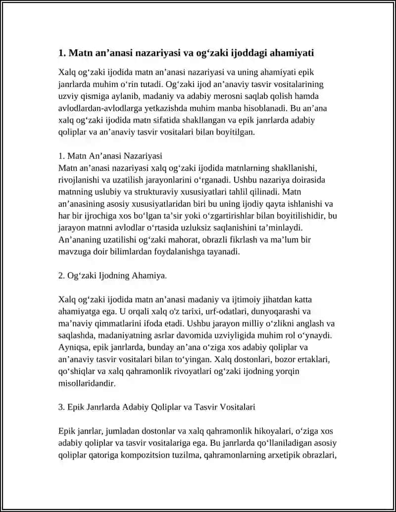 XALQ OGʻZAKI IJODIDA MATN AN'ANASI. EPIK JANRLARDA ADABIY QOLIPLAR VA AN'ANAVIY TASVIR VOSITALARI 4