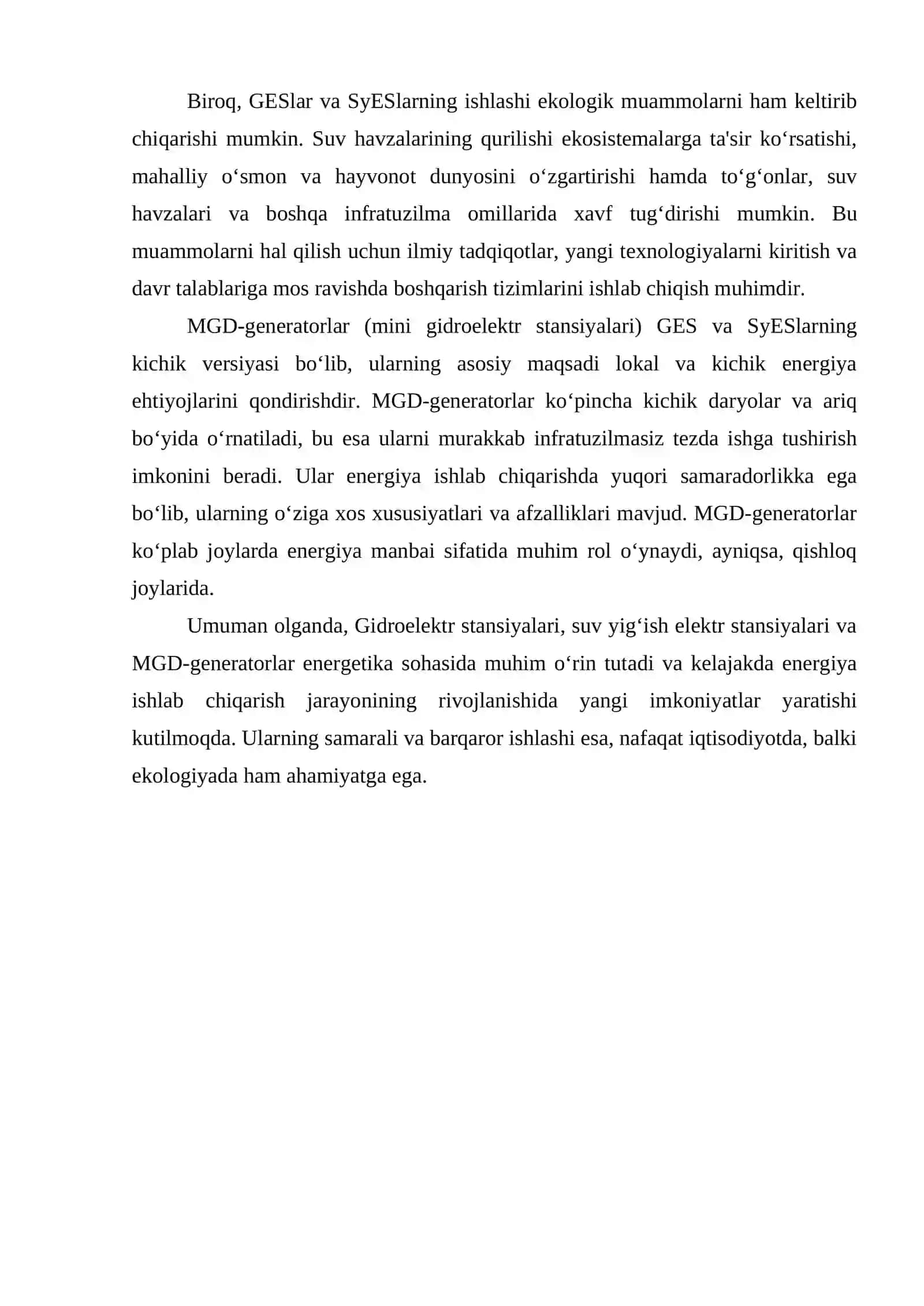 GIDRO ELEKTR STANSIYALARI (GES). SUV YIG’ISH ELEKTR STANSIYALARI (SYES, GAES). MGD-GENERATOR 4