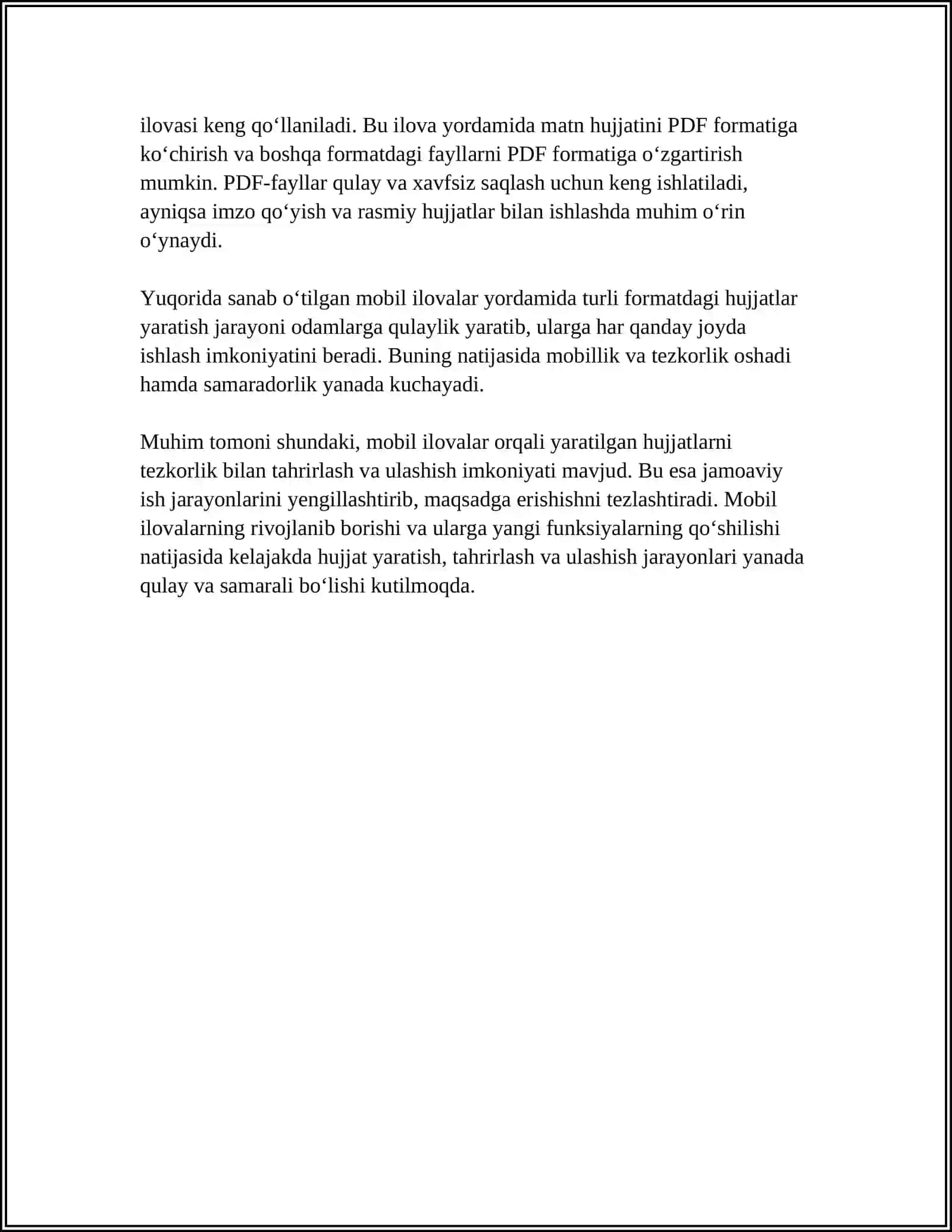 MOBIL ILOVALARDAN FOYDALANIB HAR XIL KO’RINISHDAGI HUJJATLARNI YARATISH.KOMPYUTER TARMOQLARI VOSITALARI VA ULARNING TURLARI. NANOTEXNOLOGIYALAR HAQIDA UMUMIY MA’LUMOT BERISH, YARATILISH VA RIVOJLANISH TARIXINI YORITISH 4
