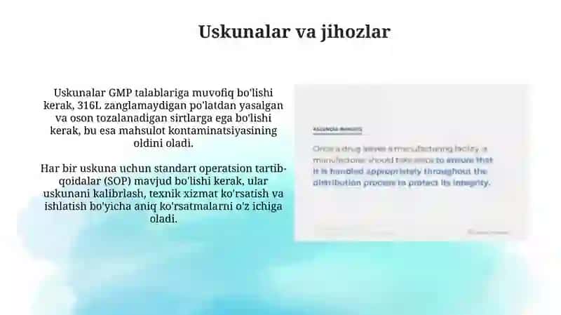 Kimyo-farmasevtikakorxonalarivaishchi-xodimlargaqoʻyiladigantalablar. GMP 4
