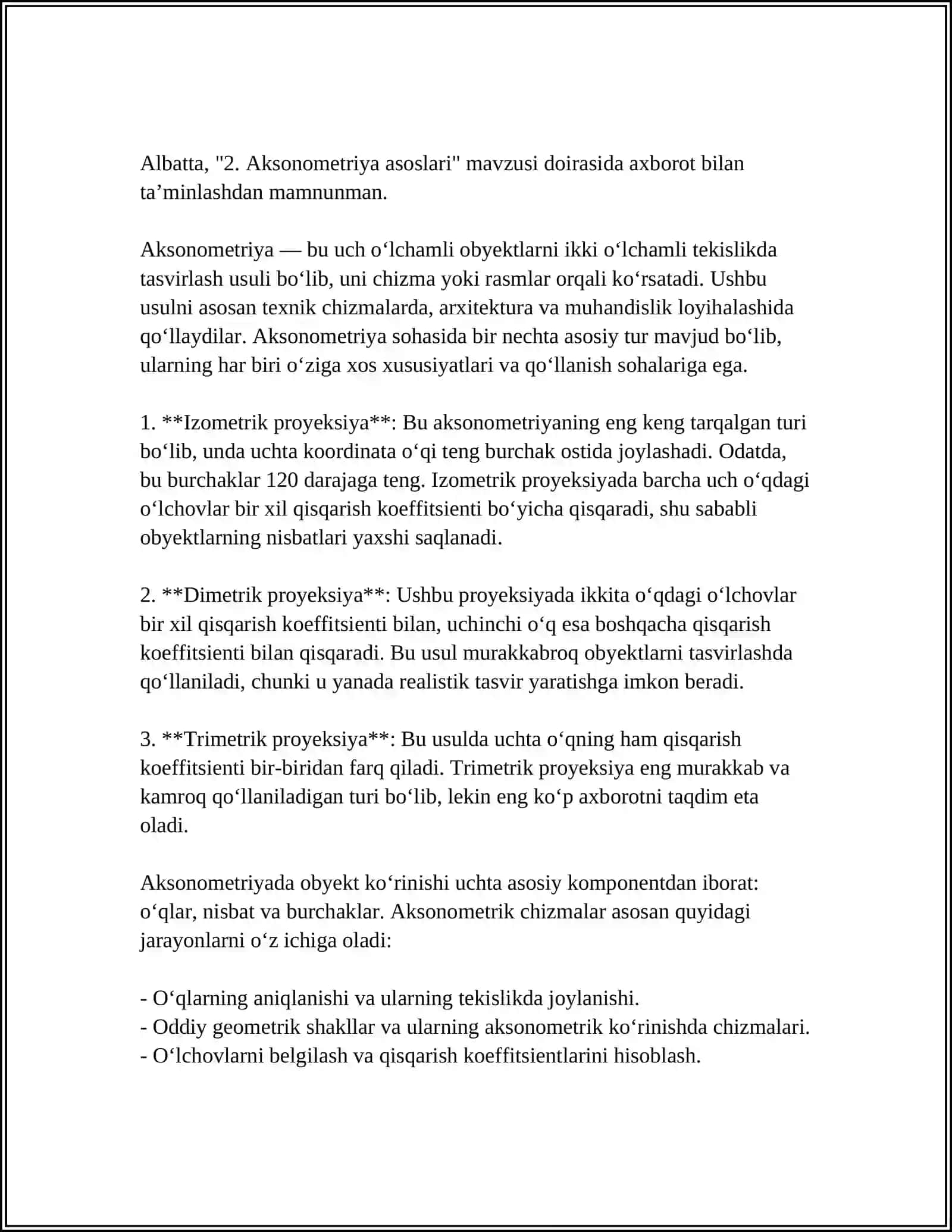 AKSONOMETRIK PROYEKSIYALAR. NOQAT TEGISLIK DONGELEK PROYEKSIYALARI ORQALI GRAFIK JUMISLARIN ISLEW 4