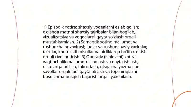 Xotirani o'qish faoliyatida rivojlantirishning vazifalari va uning shart sharoitlari 4