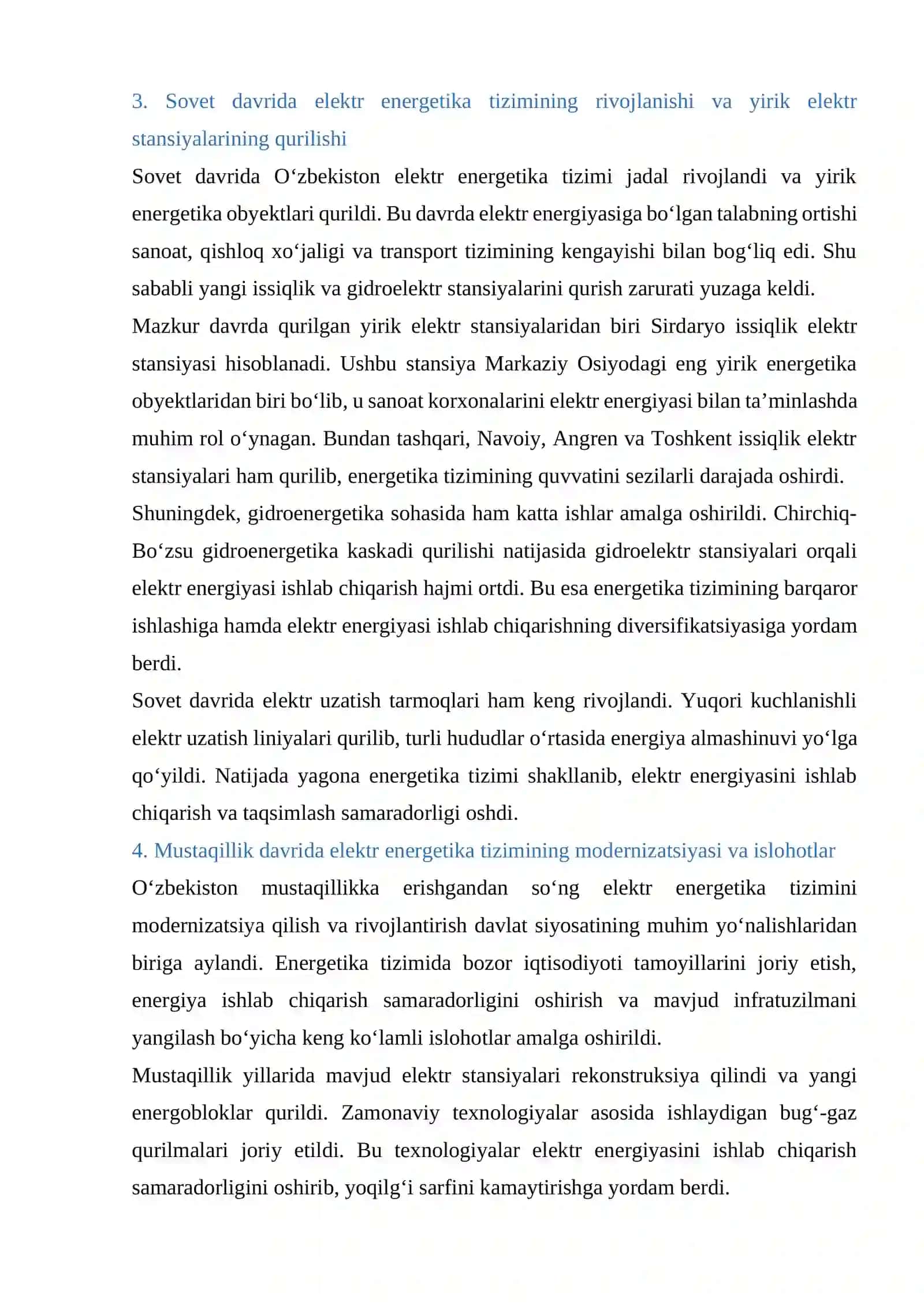 Oʻzbekistonda elektr energetika tizimining shakllanish bosqichlari va ularning sanoat rivojlanishiga ta’siri 4