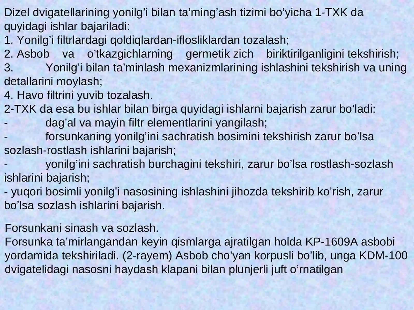 TXK da karbyuratorli dvigatellarni ta’minlash tizimi bo’yicha 4