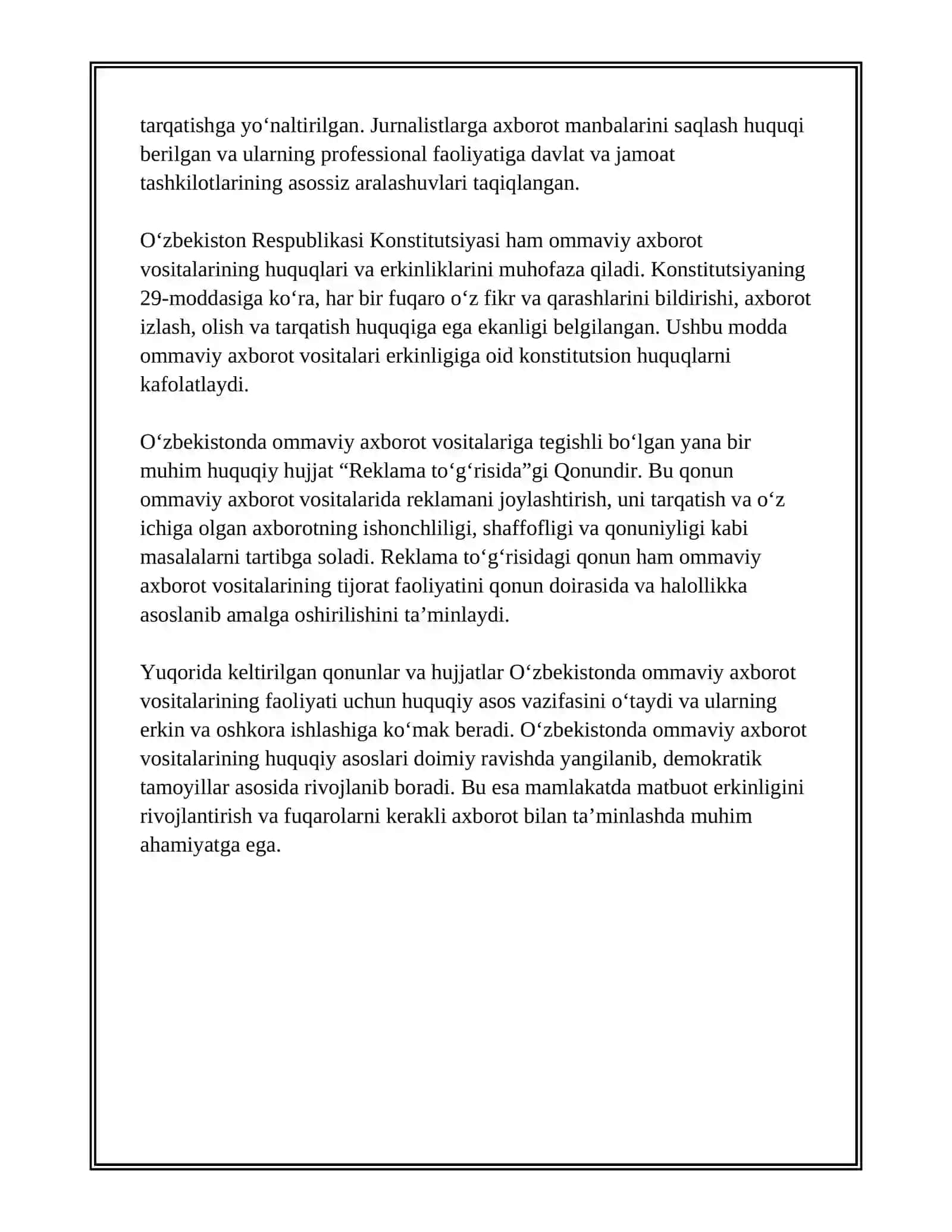 OʻZBEKISTON RESPUBLIKASIDA OMMAVIY AXBOROT VOSITALARINING FAOLIYATI 4