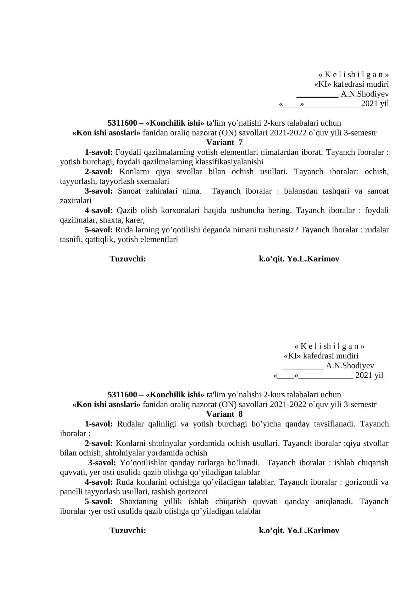 Kon ishi asoslari fanidan oraliq nazorat (ON) savollari 4
