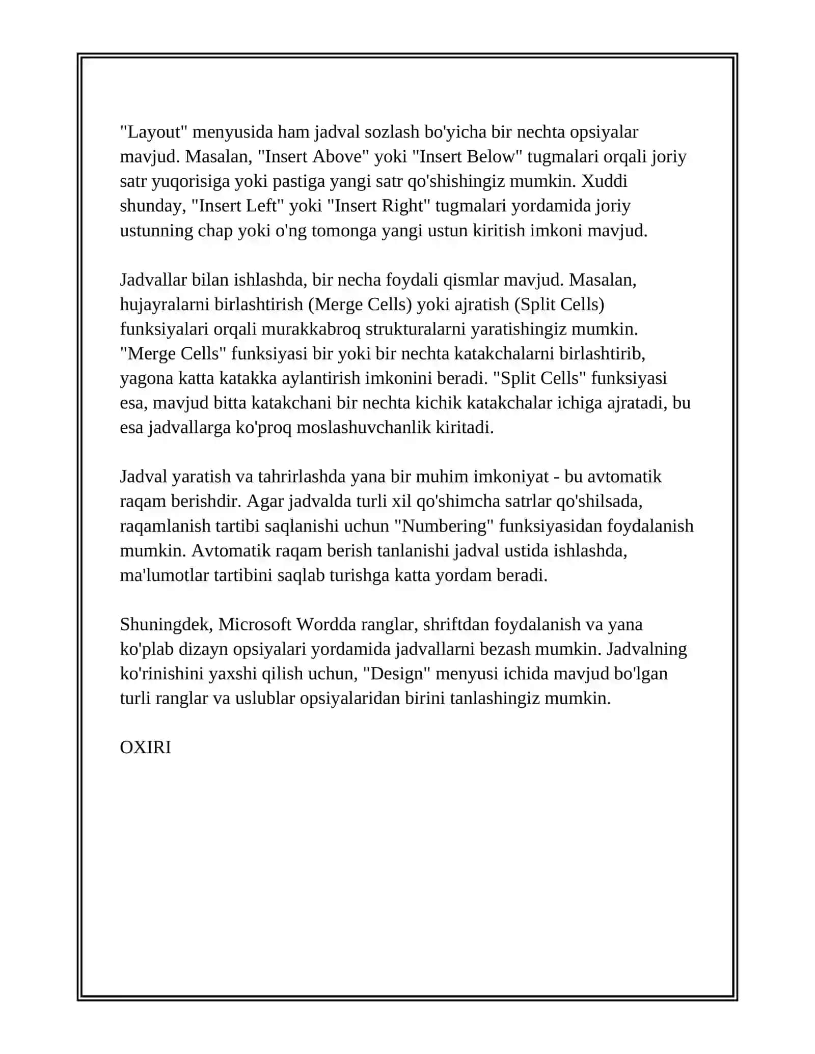 MICROSOFT WORDDA JADVALLAR BILAN ISHLASH IMKONIYATLARI 4