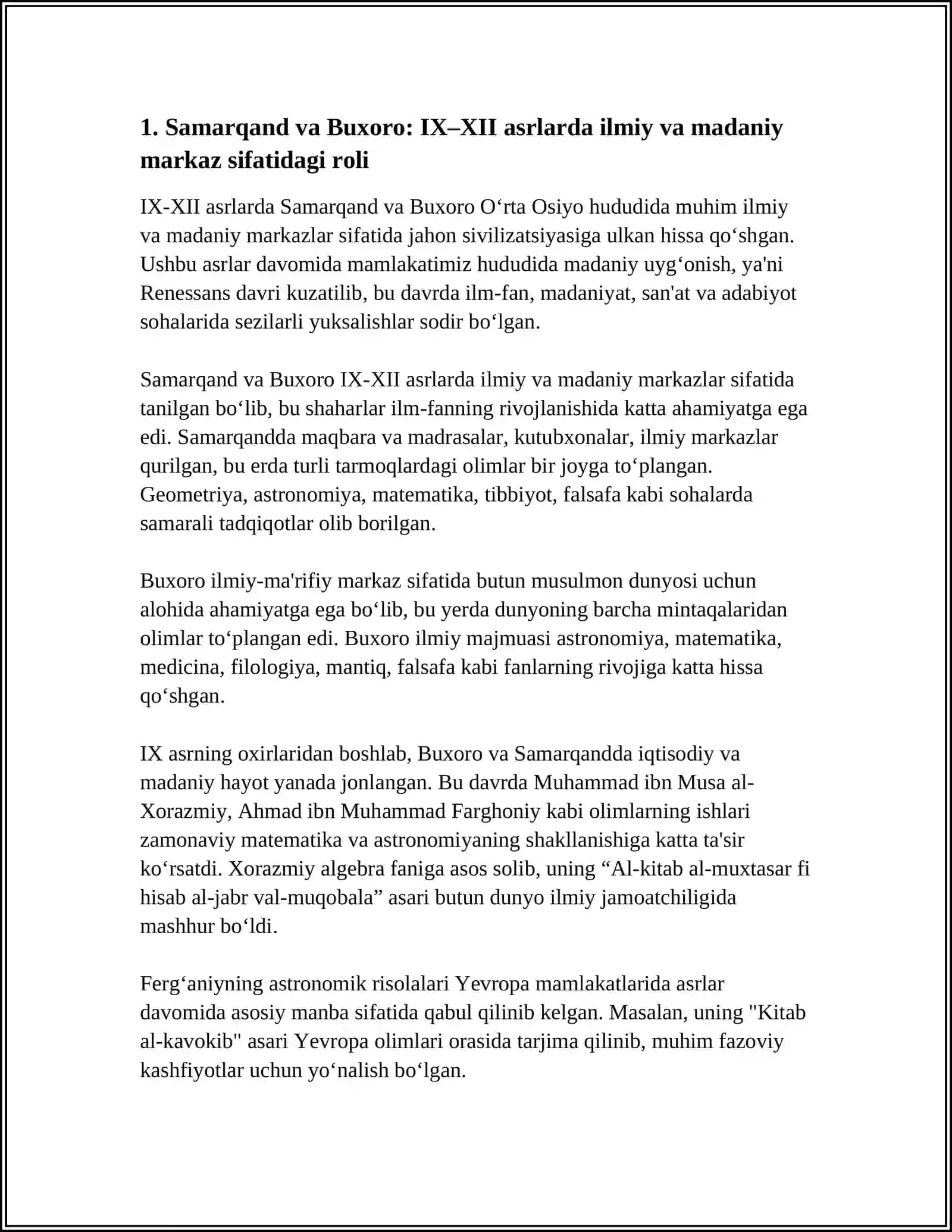 IX-XII ASRLARDA MAMLAKATIMIZ HUDUDIDA RO‘Y BERGAN MADANIY UYG‘ONISH (RENESSANS).BUYUK ALLOMALARNING JAHON SIVILIZATSIYASIGA QO‘SHGAN HISSASI 4