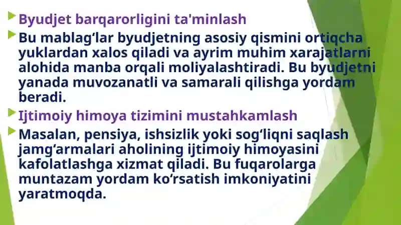 Davlat maqsadli jamg'armalarining byudjet tizimidagi o'rniva va ahmiyati 4