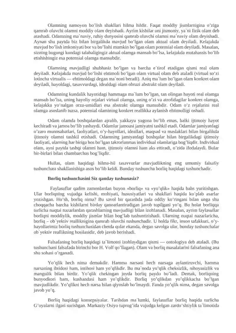 ONTOLOGIYA - BORLIQ FALSAFASI. DUNYONI FALSAFIY TUSHINISH 4