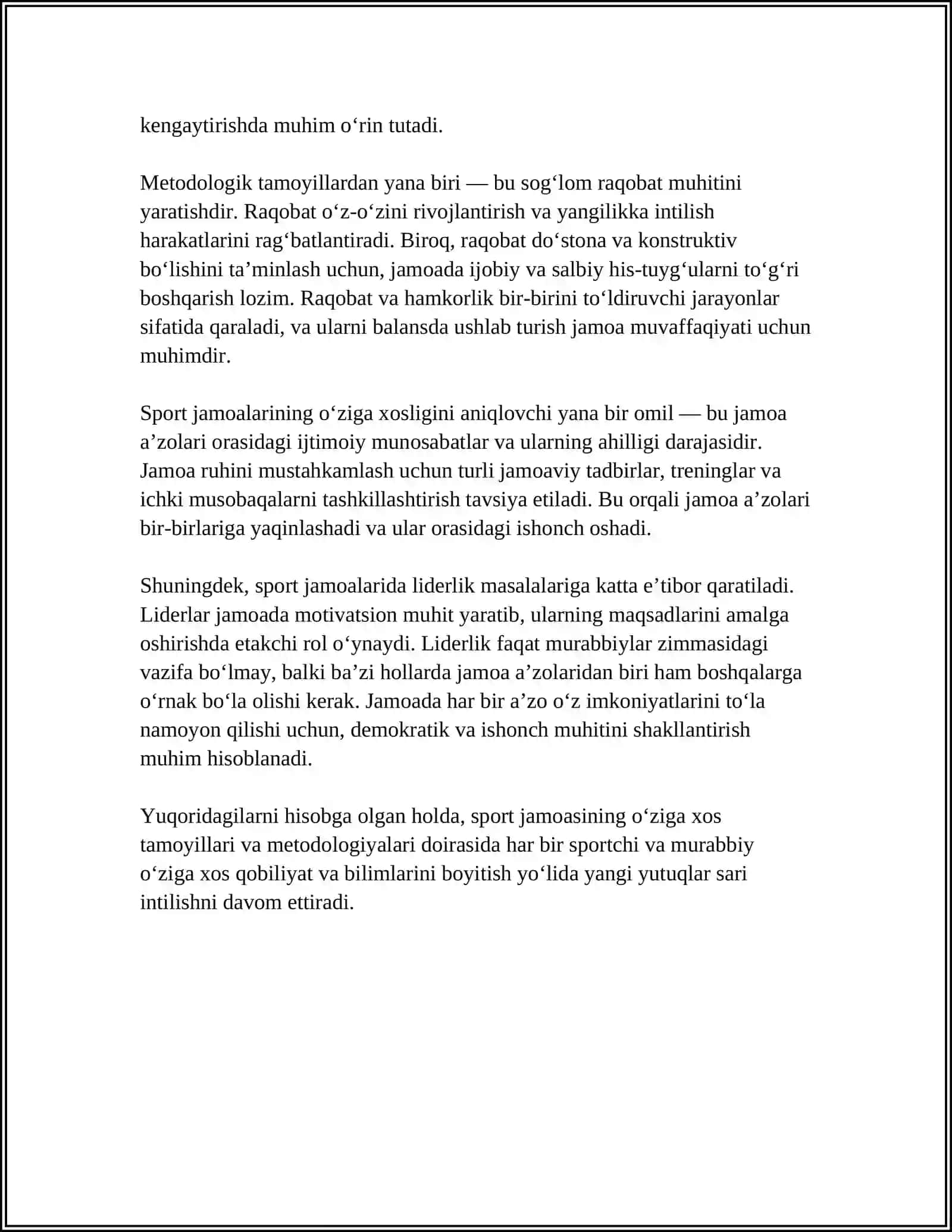 SPORT JAMOASINING O‘ZIGA XOSLIGI VA SPORTCHIDA SPORTGA XOS SPESIFIK XARAKTER XUSUSIYATLARNI SHAKLLANTIRISHDAGI O‘RNI 4