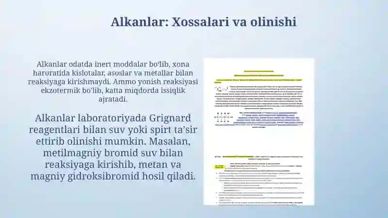 Alifatik uglevodorodlarning tuzilishi, gomologik qatori xossalari, olinishi va ahamiyati 4