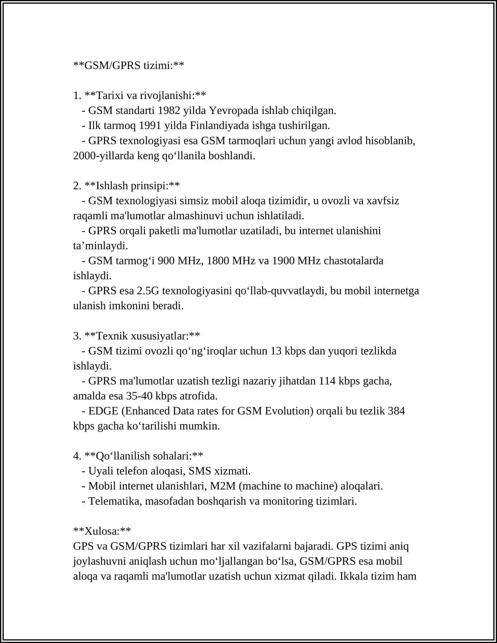 MUSTAQIL ISH Mavzu: GPS - GSM / GPRS TIZIMLARI 4