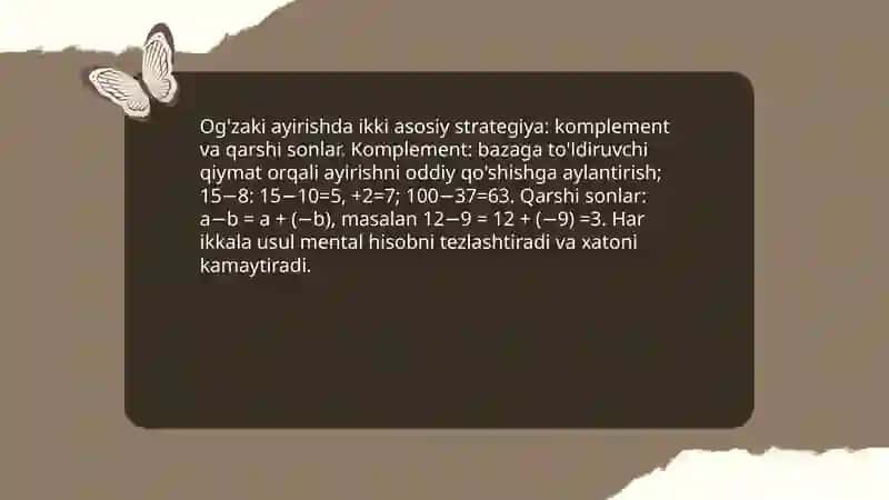 Nomanfiy butun sonlar ustida arifmetik amallar bajarishning og'zaki usullari 4