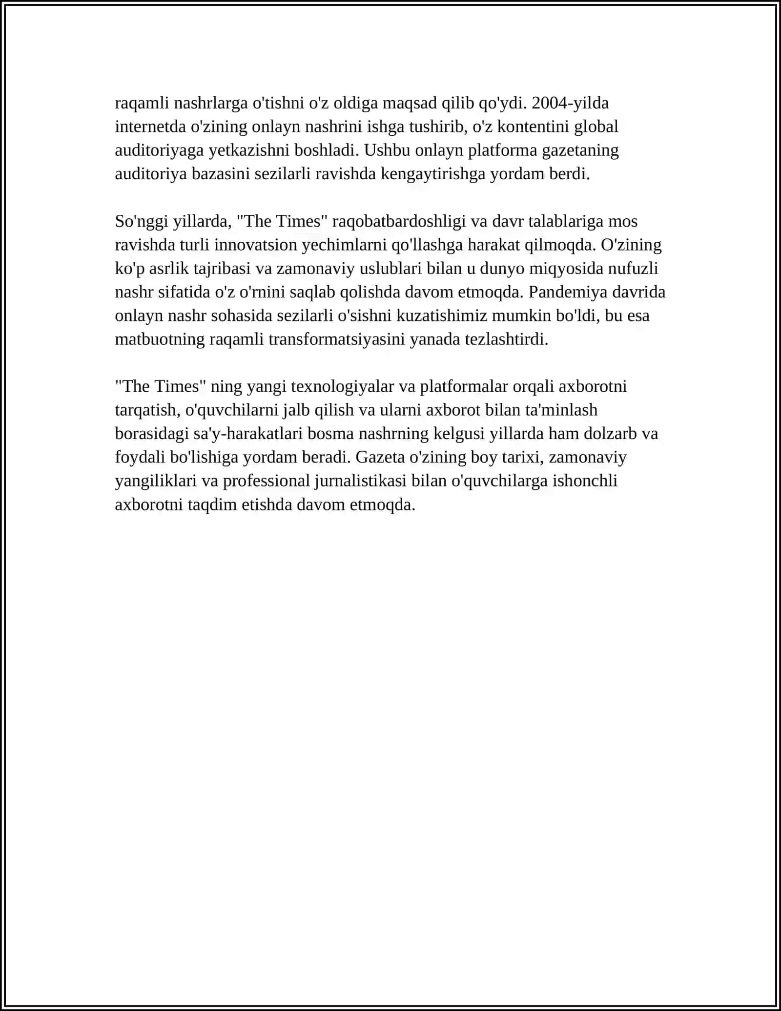 BOSMA NASHR: “THE TIMES”, “NEW TIMES”, “BLOOMBERG”, “SABAH”LAR (MATN VA MAZMUN-MAQSADI)NI TAXLIL QILING 4