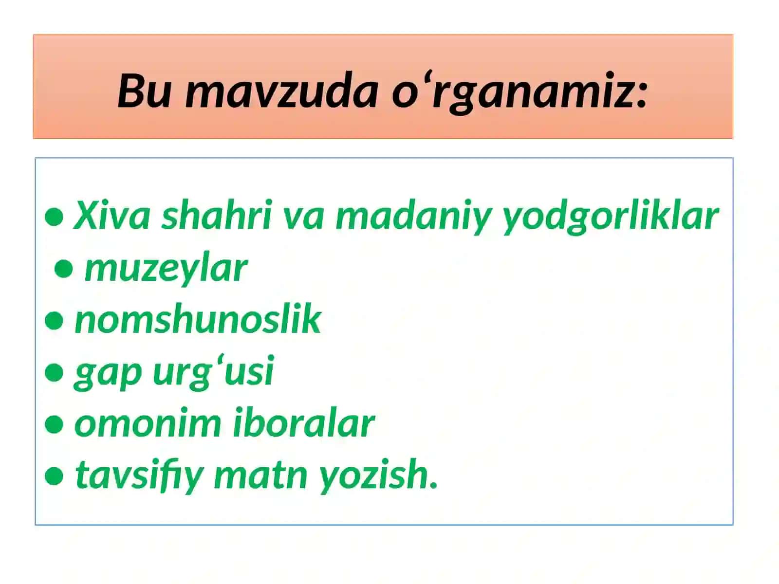 Ochiq osmon ostidagi muzey. Tasviriy matn. Muhokama. Muzeylar faoliyatiga oid til birliklari, olinma soʻzlar 4