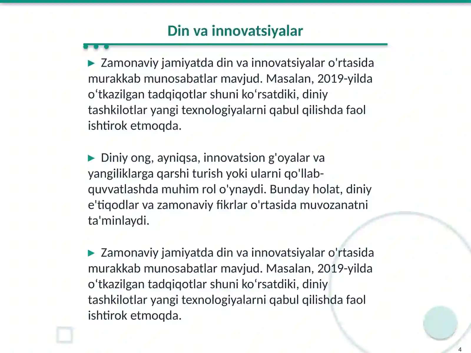 Zamonaviy jamiyatda diniy ong va uning o‘zgarishimavzusida taqdimot tayyorlash 4