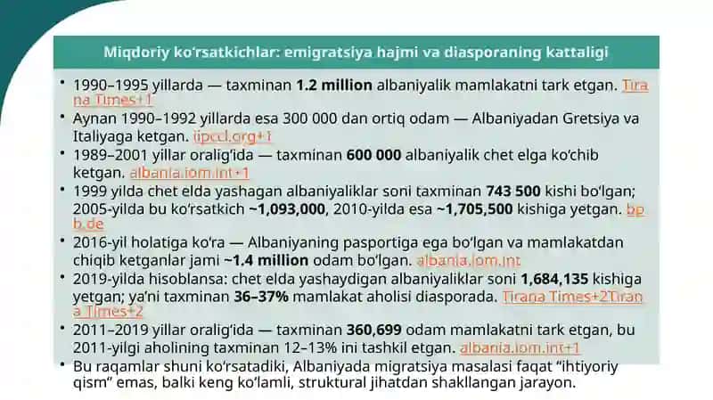 Albaniyada ishchi kuchini migratsiyasi va migratsiya jarayonlaridagi muammoni tahlil etish 4
