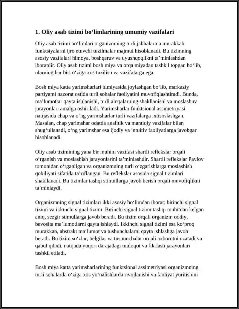 ASAB TIZIMI OLIY BÓLIMLARINING VAZIFALARI.SHARTLI REFLEKSLAR.OLIY ASAB FAOLIYATI TIPLARI.ORGANIZMNING SIGNAL TIZIMLARI.BOSH MIYA KATTA YARIMSHARLARINING FUNKSIONAL ASSIMETRIYASI 4