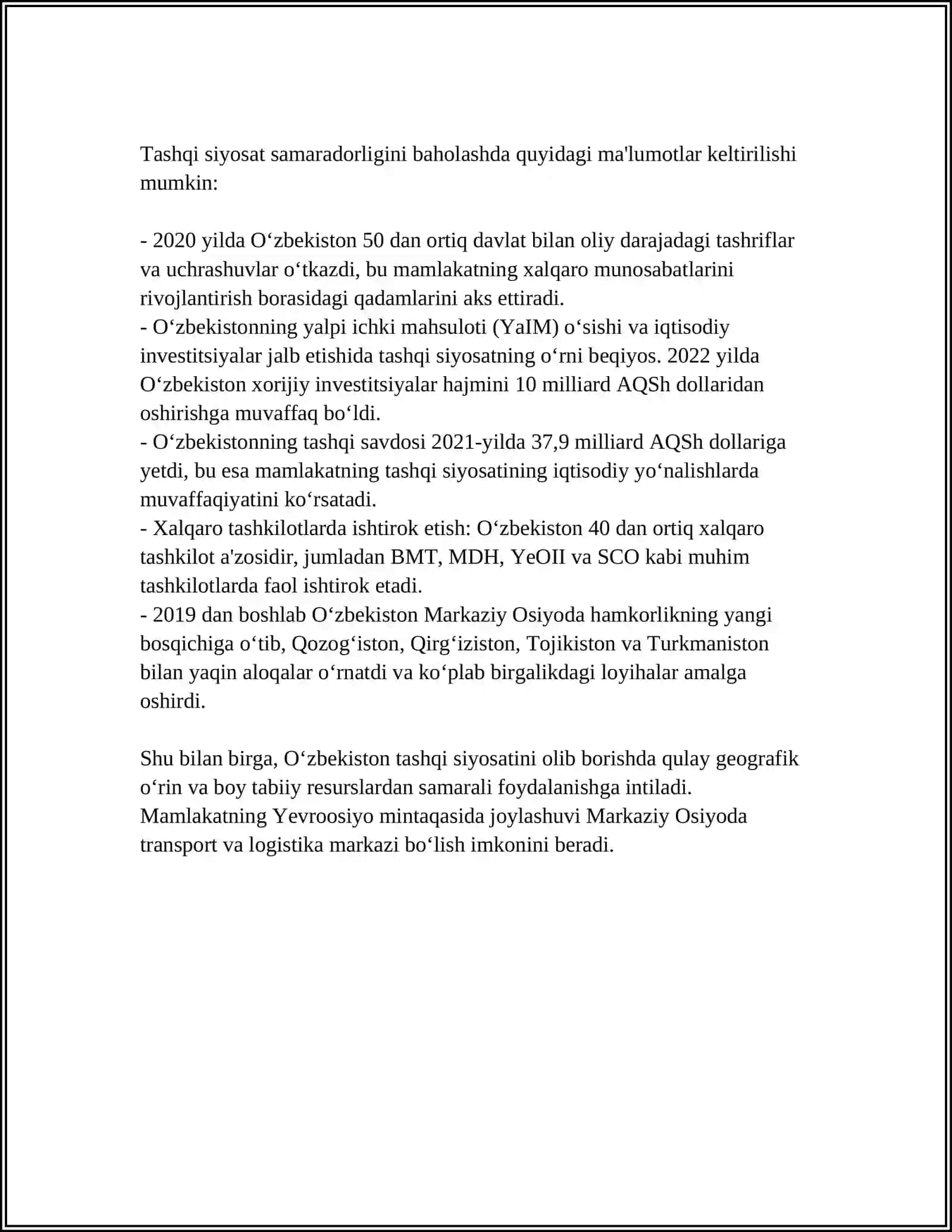 TASHQI SIYOSAT TUSHUNCHASI.O'ZBEKISTON XALQARO MUNOSABATLARNING TO'LA HUQUQLI SUBYEKTI 4