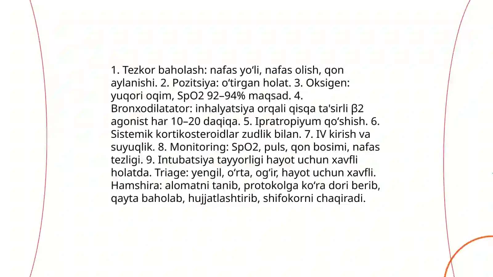 Nafas olish aʼzolari kasalliklarida uchraydigan kechiktirib boʻlmaydigan holatlar (Bronxial astma xuruji qon tuflash oʻpkadan qon ketish)da shoshilinch yordam koʻrsatishda hamshirani oʻrni 4
