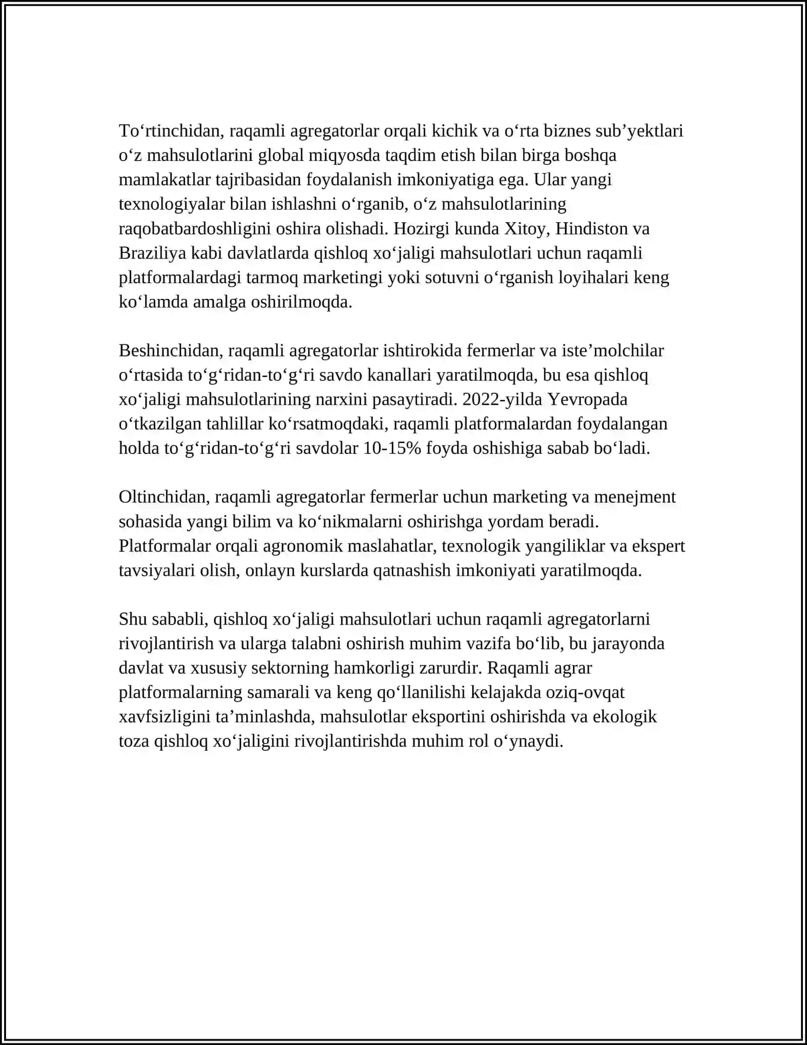 Qishloq xo‘jaligi mahsulotlari uchun raqamli agregatorlar va platformalarni ishlab chiqish 4