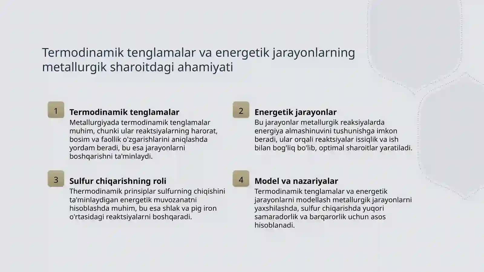 cho'yan va shlak orasidagi desulfurizatsiya reaksiyasining termodinamikasi 4