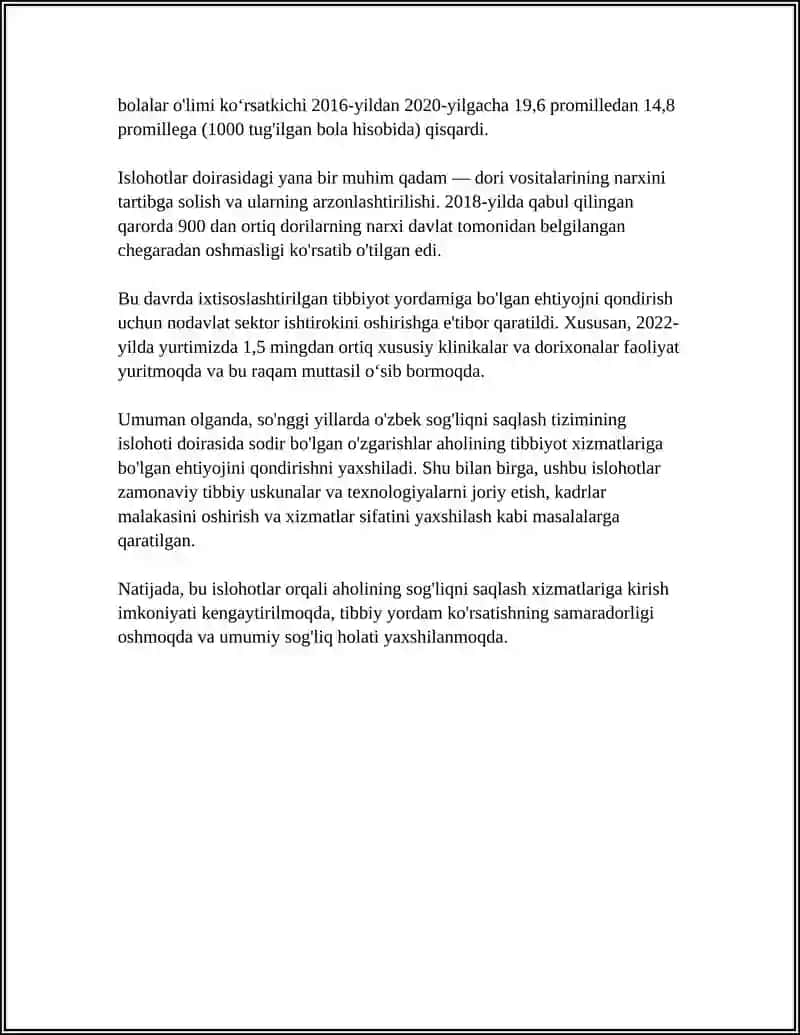 REFERAT Mavzu: O'ZBEKISTONDA IJTMOIY SOHADA AMALGA OSHIRILAYOTGAN O'ZGARISHLAR MAZMUN VA MOHIYATI 4