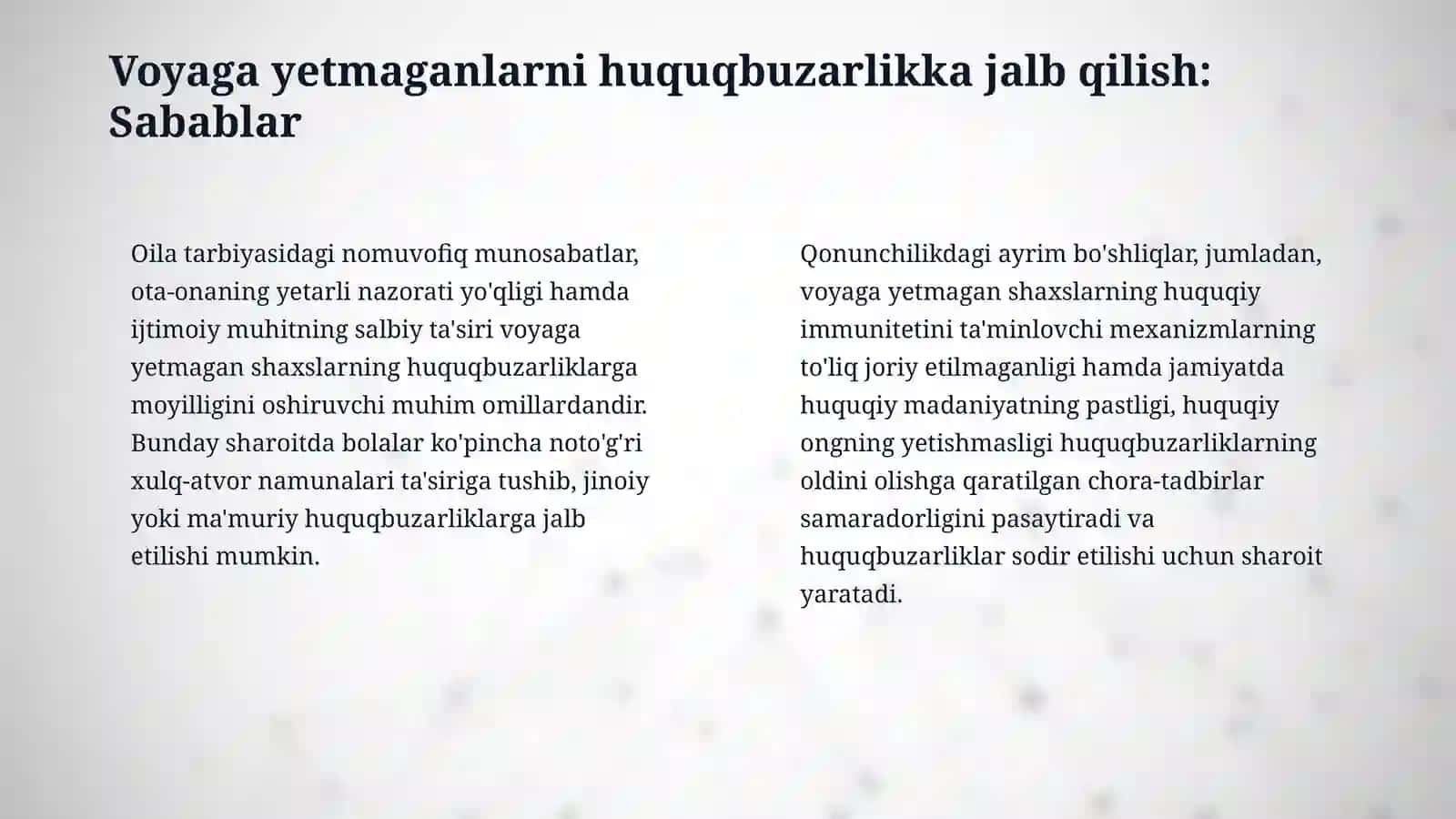 Profilaktika inspektorining voyaga yetmagan shsxsni ma'muriy huquqbuzalik sodir etishga jalb etish huquqbuzarliginingoldini olish faoliyatini takomilashtirish 4